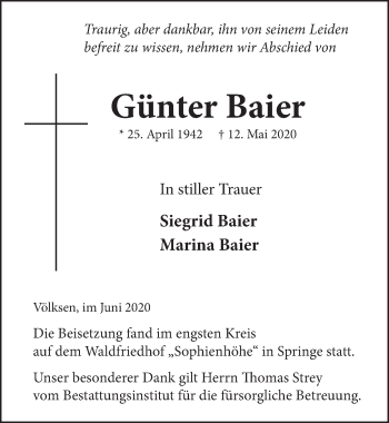 Traueranzeige von Günter Baier von Neue Deister-Zeitung