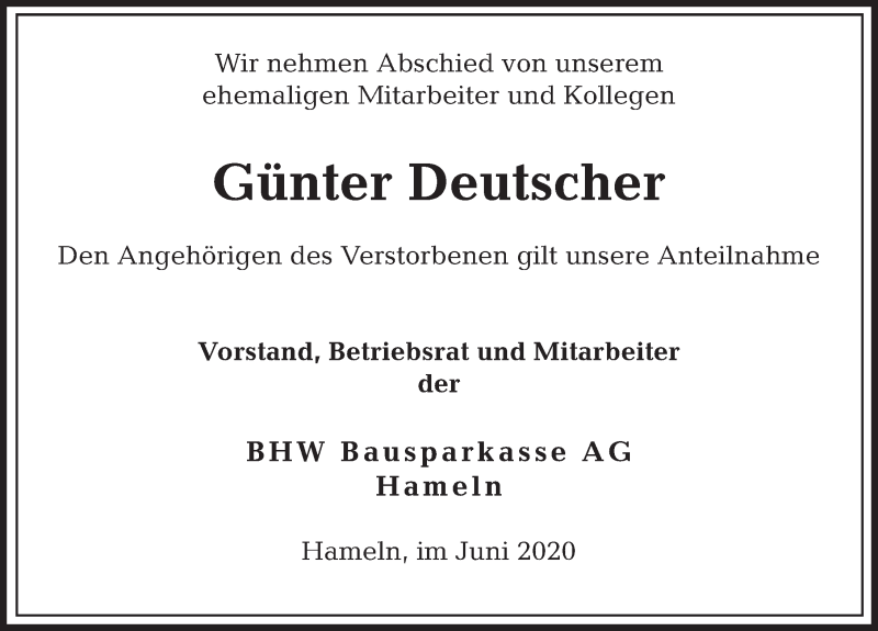  Traueranzeige für Günter Deutscher vom 29.06.2020 aus Deister- und Weserzeitung