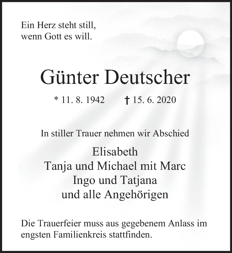  Traueranzeige für Günter Deutscher vom 27.06.2020 aus Deister- und Weserzeitung