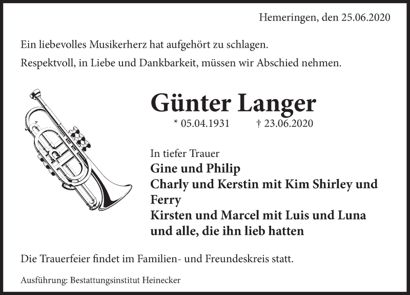  Traueranzeige für Günter Langer vom 25.06.2020 aus Deister- und Weserzeitung