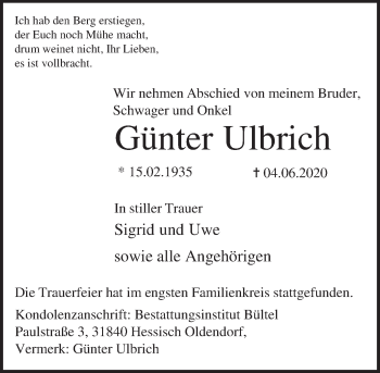 Traueranzeige von Günter Ulbrich von Deister- und Weserzeitung