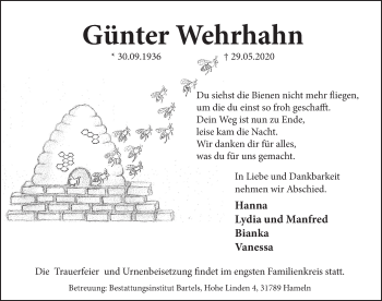Traueranzeige von Günter Wehrhahn von Deister- und Weserzeitung