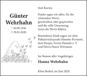 Traueranzeige von Hanna Wehrhahn von Deister- und Weserzeitung