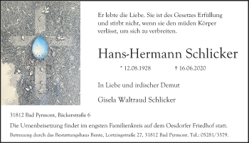 Traueranzeige von Hans-Hermann Schlicker von Deister- und Weserzeitung
