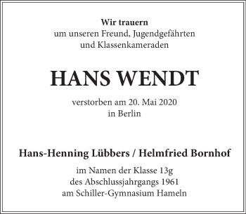Traueranzeige von Hans Wendt von Deister- und Weserzeitung