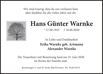 Traueranzeige von Hans Günter Warnke von Deister- und Weserzeitung