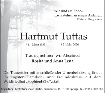 Traueranzeige von Hartmut Tuttas