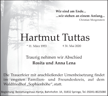 Traueranzeige von Hartmut Tuttas von Neue Deister-Zeitung