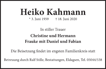 Traueranzeige von Heiko Kahmann von Neue Deister-Zeitung