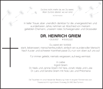 Traueranzeige von Heinrich Griem von Deister- und Weserzeitung