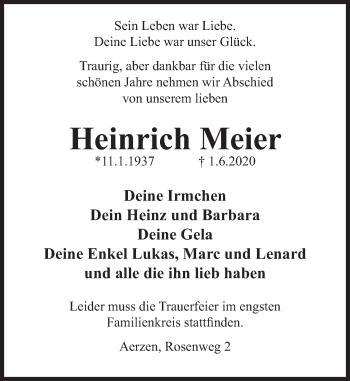 Traueranzeige von Heinrich Meier von Deister- und Weserzeitung