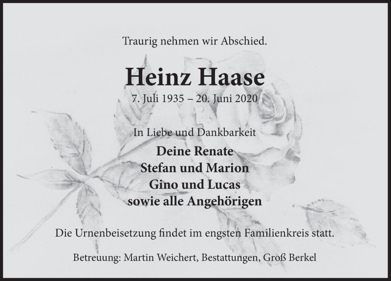  Traueranzeige für Heinz Haase vom 27.06.2020 aus Deister- und Weserzeitung