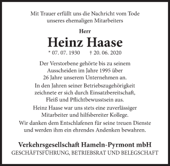 Traueranzeige von Heinz Haase von Deister- und Weserzeitung