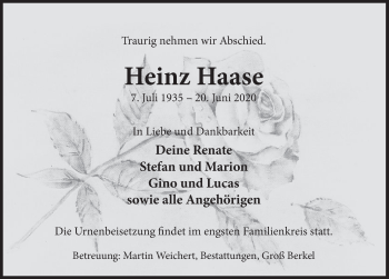 Traueranzeige von Heinz Haase von Deister- und Weserzeitung