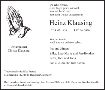 Traueranzeige von Heinz Klausing von Deister- und Weserzeitung
