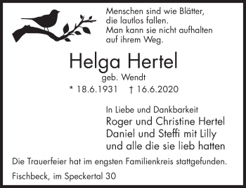 Traueranzeige von Helga Hertel von Deister- und Weserzeitung