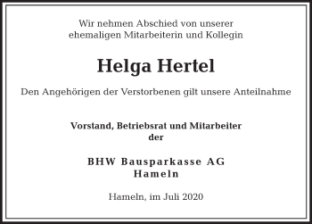 Traueranzeige von Helga Hertel von Deister- und Weserzeitung