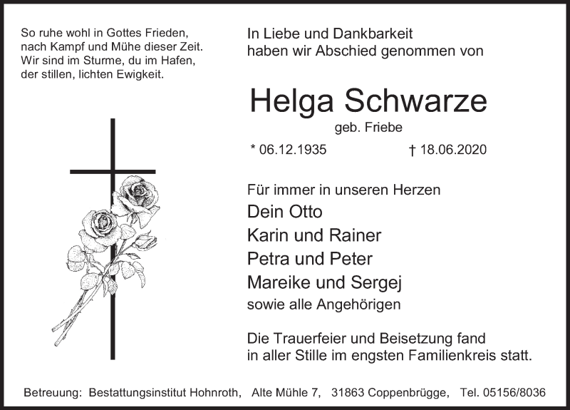  Traueranzeige für Helga Schwarze vom 04.07.2020 aus Deister- und Weserzeitung