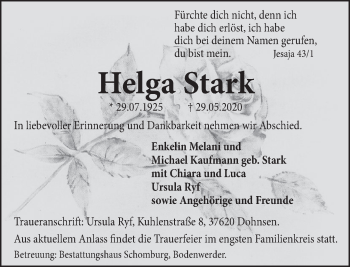 Traueranzeige von Helga Stark von Deister- und Weserzeitung