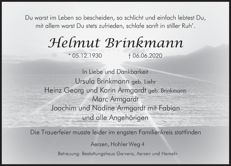  Traueranzeige für Helmut Brinkmann vom 13.06.2020 aus Deister- und Weserzeitung