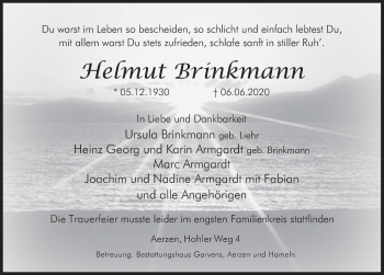Traueranzeige von Helmut Brinkmann von Deister- und Weserzeitung