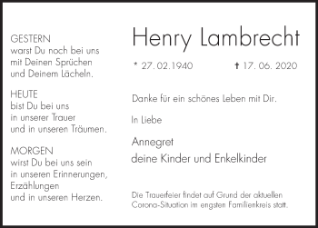 Traueranzeige von Henry Lambrecht von Deister- und Weserzeitung