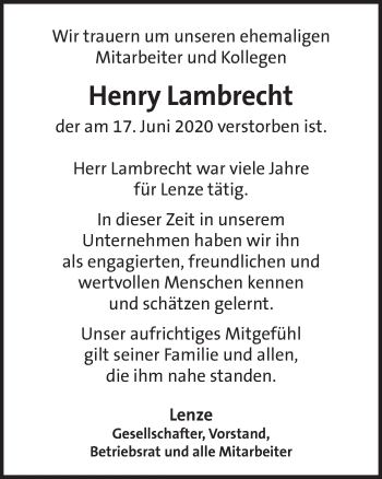 Traueranzeige von Henry Lambrecht von Deister- und Weserzeitung