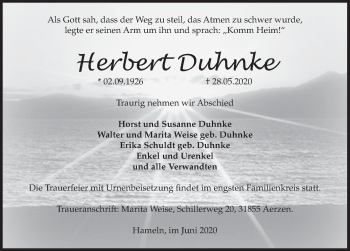 Traueranzeige von Herbert Duhnke von Deister- und Weserzeitung
