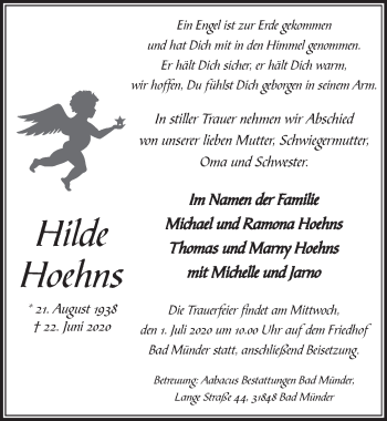 Traueranzeige von Hilde Hoehns von Neue Deister-Zeitung