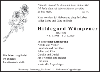 Traueranzeige von Hildegard Wömpener von Deister- und Weserzeitung