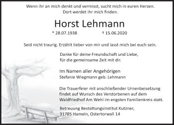 Traueranzeige von Horst Lehmann von Deister- und Weserzeitung