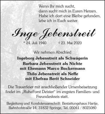 Traueranzeige von Inge Jebenstreit von Neue Deister-Zeitung