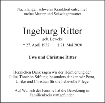Traueranzeige von Ingeburg Ritter von Deister- und Weserzeitung