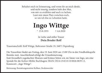 Traueranzeige von Ingo Wittge von Deister- und Weserzeitung