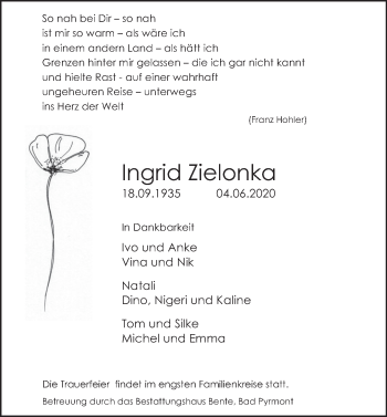 Traueranzeige von Ingrid Zielonka von Deister- und Weserzeitung