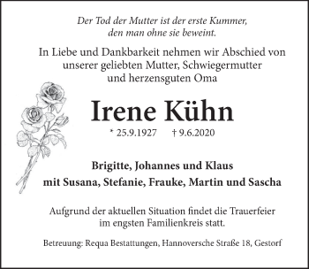 Traueranzeige von Irene Kühn von Neue Deister-Zeitung