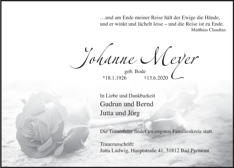  Traueranzeige für Johanne Meyer vom 20.06.2020 aus Deister- und Weserzeitung