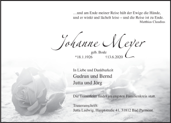 Traueranzeige von Johanne Meyer von Deister- und Weserzeitung