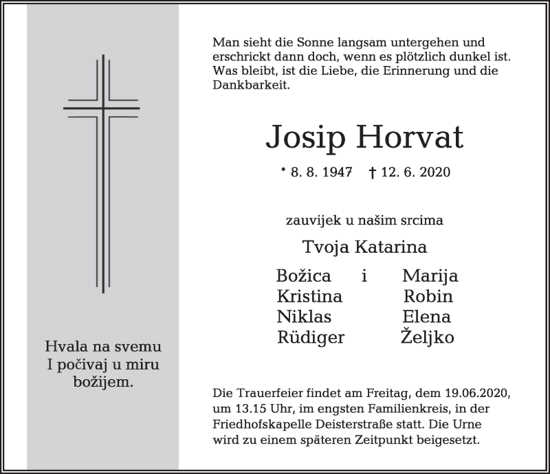  Traueranzeige für Josip Horvat vom 17.06.2020 aus Deister- und Weserzeitung