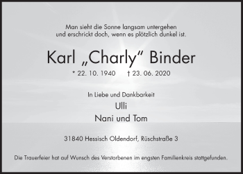Traueranzeige von Karl Binder von Deister- und Weserzeitung