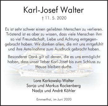 Traueranzeige von Karl-Josef Walter von Deister- und Weserzeitung