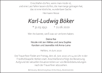 Traueranzeige von Karl-Ludwig Böker von Deister- und Weserzeitung
