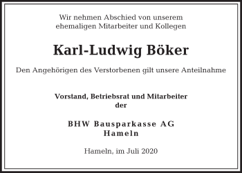Traueranzeige von Karl-Ludwig Böker von Deister- und Weserzeitung