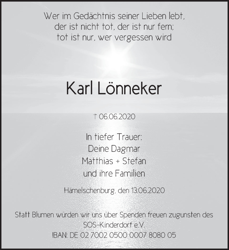  Traueranzeige für Karl Lönneker vom 13.06.2020 aus Deister- und Weserzeitung