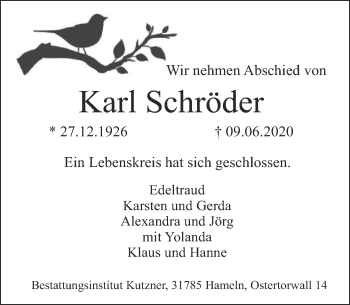 Traueranzeige von Karl Schröder von Deister- und Weserzeitung
