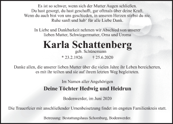 Traueranzeige von Karla Schattenberg von Deister- und Weserzeitung