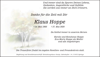 Traueranzeige von Klaus Hoppe von Neue Deister-Zeitung