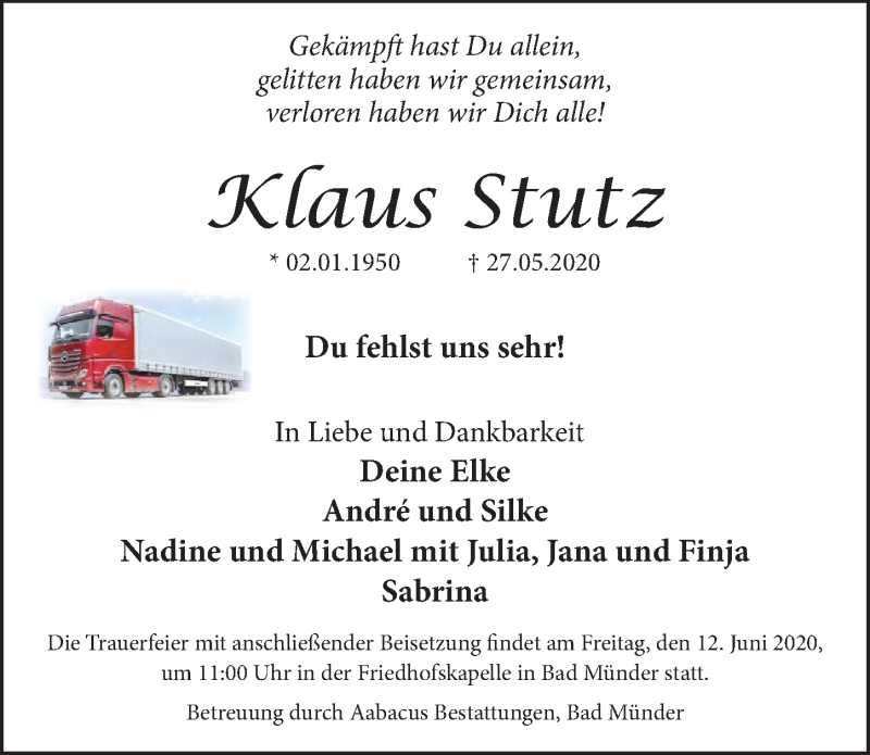  Traueranzeige für Klaus Stutz vom 06.06.2020 aus Neue Deister-Zeitung