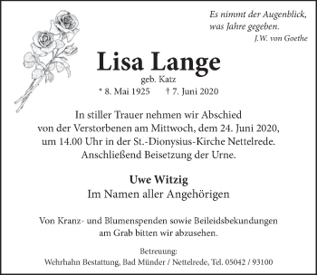 Traueranzeige von Lisa Lange von Neue Deister-Zeitung