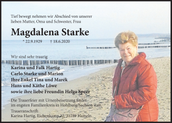 Traueranzeige von Magdalena Starke von Deister- und Weserzeitung